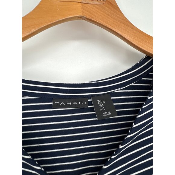Tahari Womens Striped V-Neck Top Navy White3/4 Sleeve Cotton Blend Size Large - Picture 2 of 4